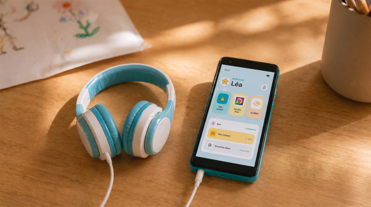 Casque audio branché en filaire sur le baladeur audio pour enfant Streamy Kids sur une table en bois