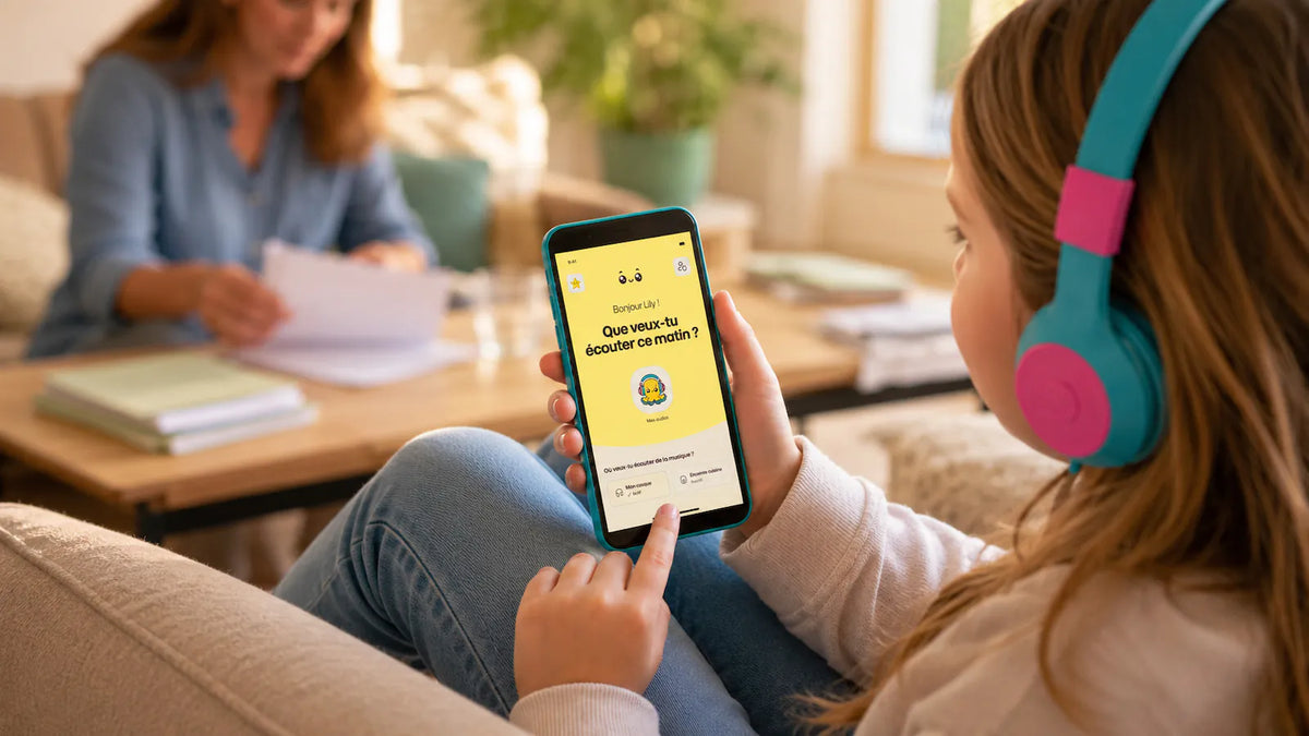 Enfant avec son casque sélectionne son contenu sur son baladeur Streamy Kids surveillé par sa mère