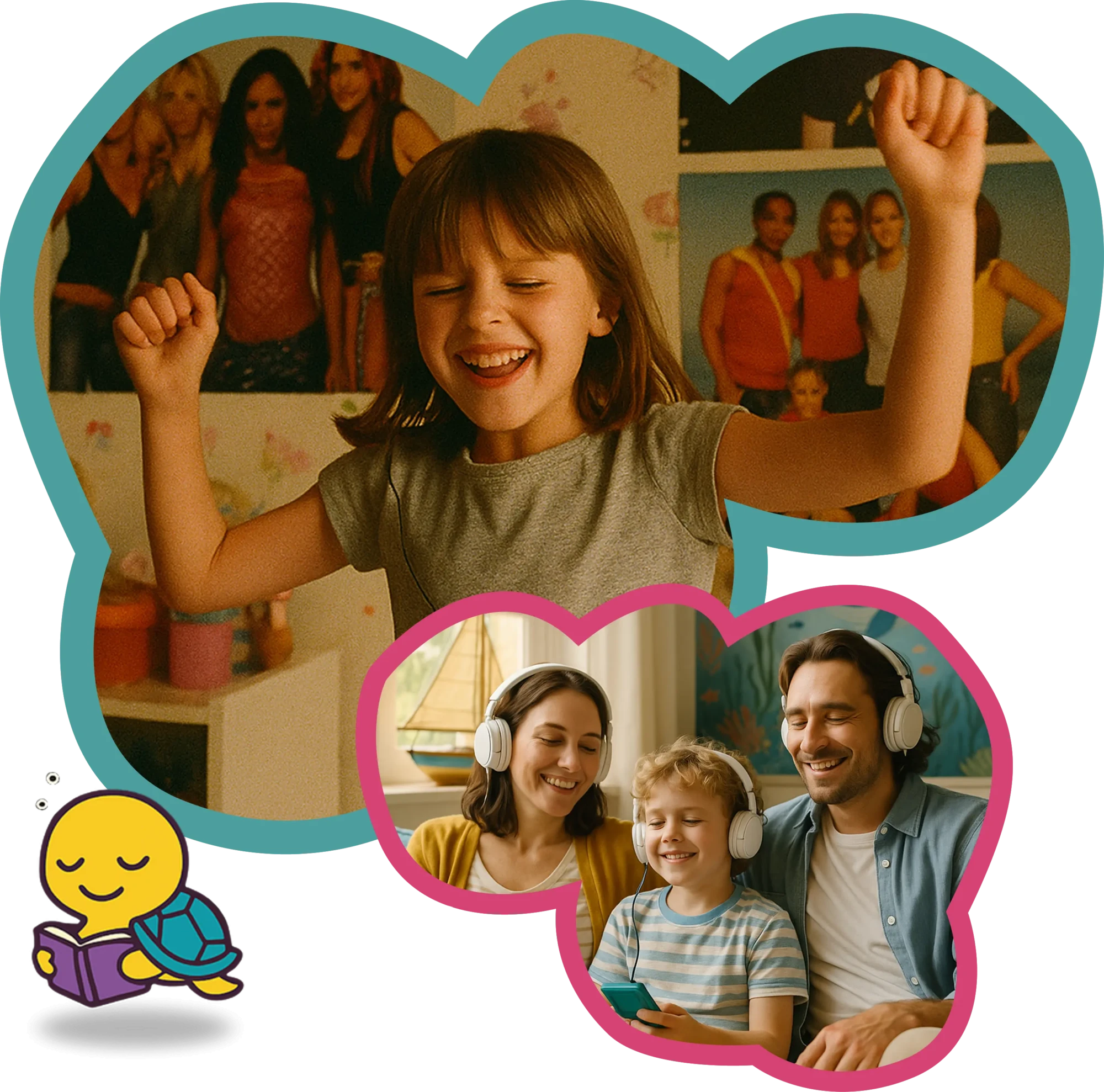 Enfants et parents écoutant de la musique sur un baladeur